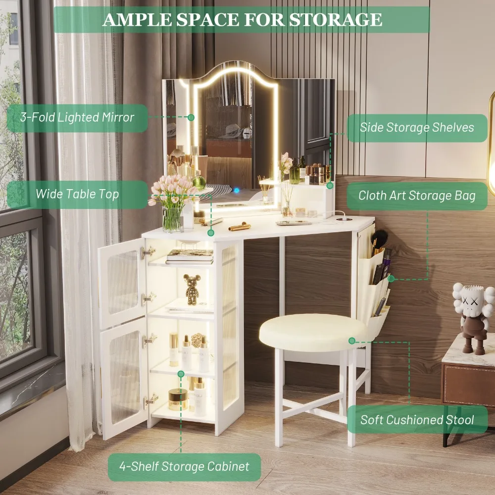 Bureau de vanité d'angle de lumières LED avec le bureau de vanité d'angle d'armoire de rangement