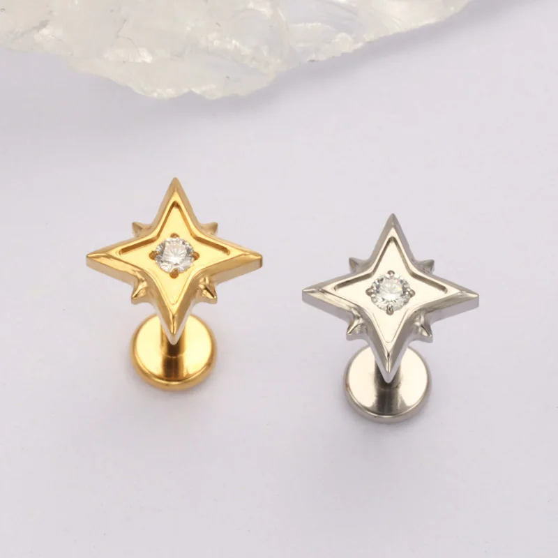 ZOOR ASTM F136 التيتانيوم تشيكوسلوفاكيا أربع نجوم مدببة شقة الظهر الغضروف قرط الاذن المرصع داخليا الخيوط مختبر اللولب الزنمة الشفاه الدائري