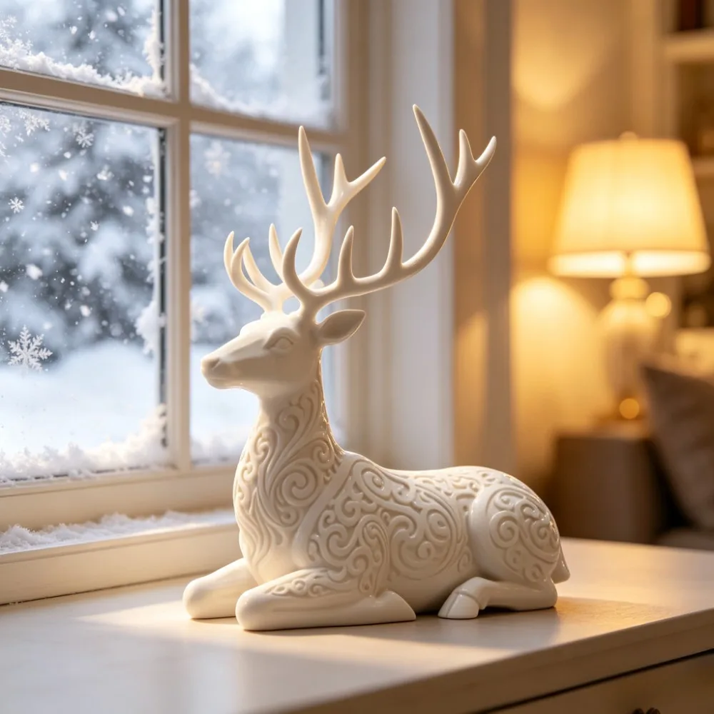 Elegant Reindeer Figurine Embossed Stag Sculpture Nordic Xmas Ornament Fireplace Shelf Table Decoration New Year Holiday Present