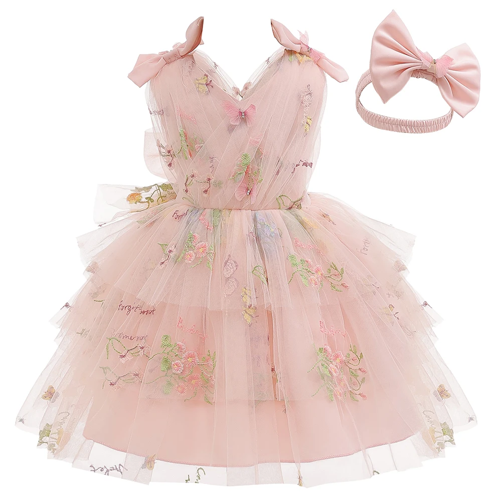 Baby Girl Princess Bow Dress Sleeveless Elegant Toddler Child Ruffled Tulle Vestido Wedding Birthday Party Baby Clothes 0-2Y