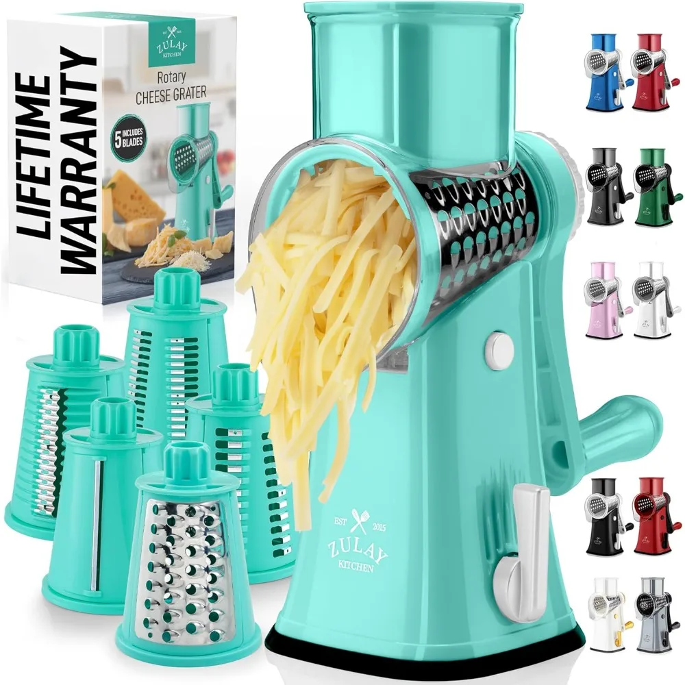 

5-Blade Rotary Cheese Grater with Suction Base & Interchangeable Drums - Manual Hand Crank for Easy Shredding and Slicing