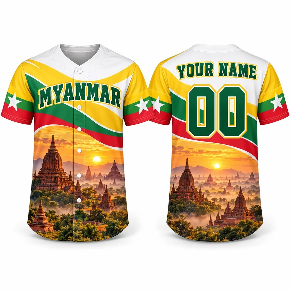 DIY Myanmar Bagan Pagoda Baseball Jersey Lake and Bridge Prints Shirts Custom Name Number Jerseys Shirt with National Colors