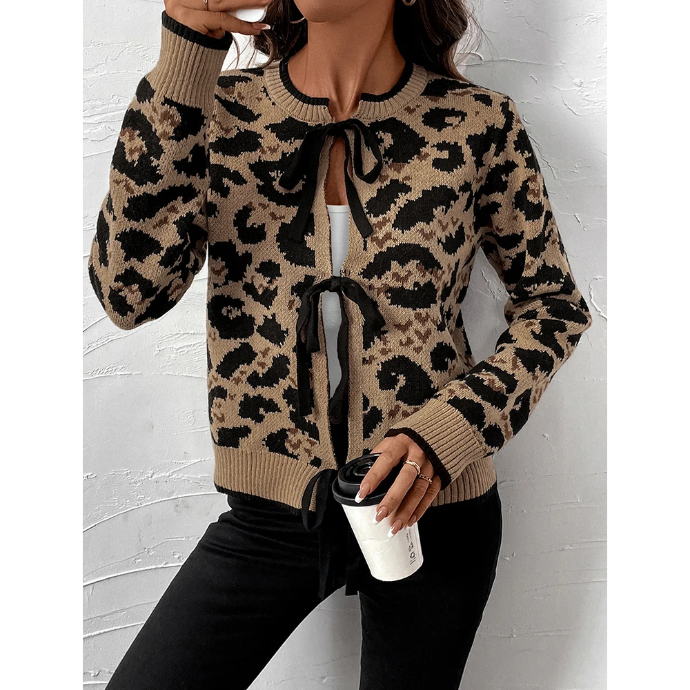 Mia Muse Suéter feminino outono moda elegante frenum leopardo manga comprida gola redonda suéter streetwear