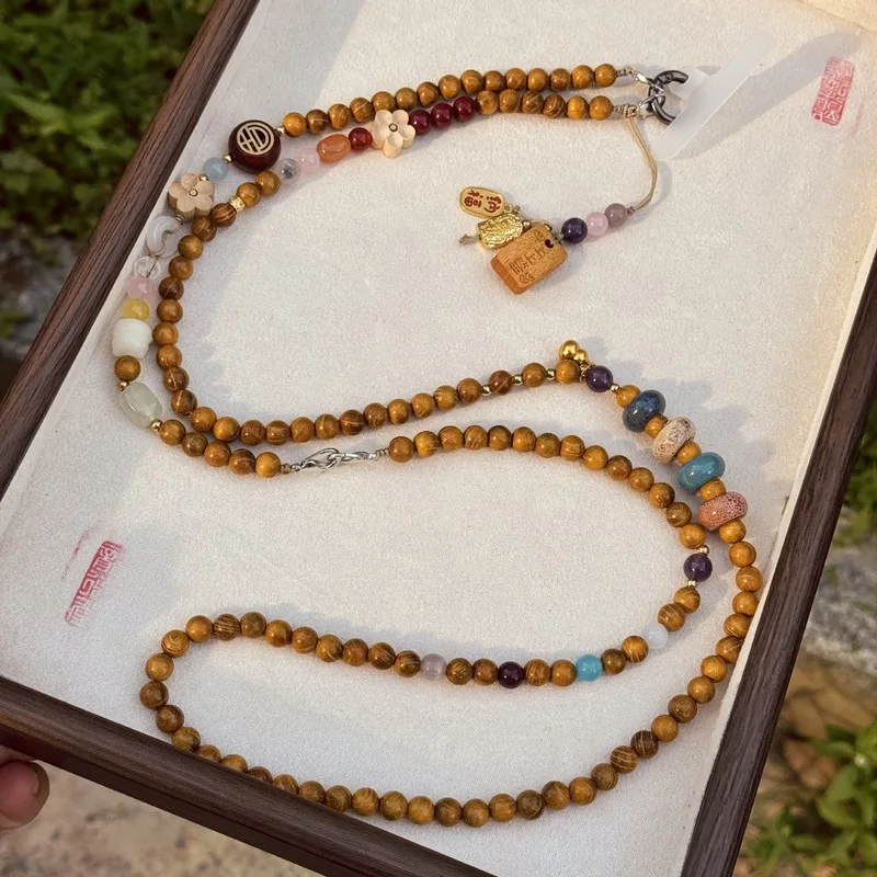 Natural wood bead phone strap gold-threaded sandalwood long crossbody style anti-loss cord vintage ethnic design
