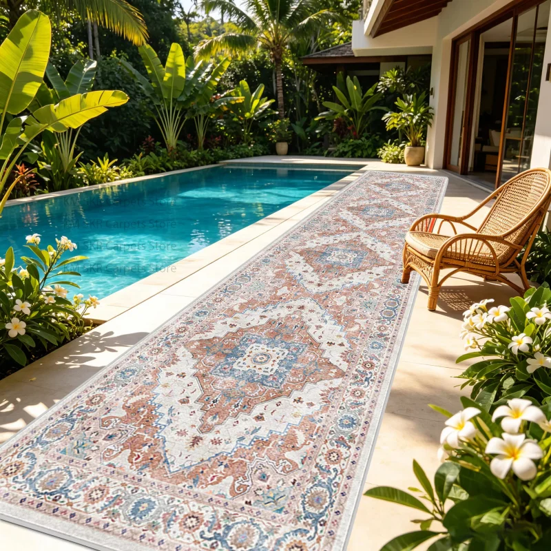 VIKAMA Vintage Persian Runner Carpet Waterproof and Non-Slip Outdoor Carpet Terrace Patio Doormat Corridor Bedroom Decoration