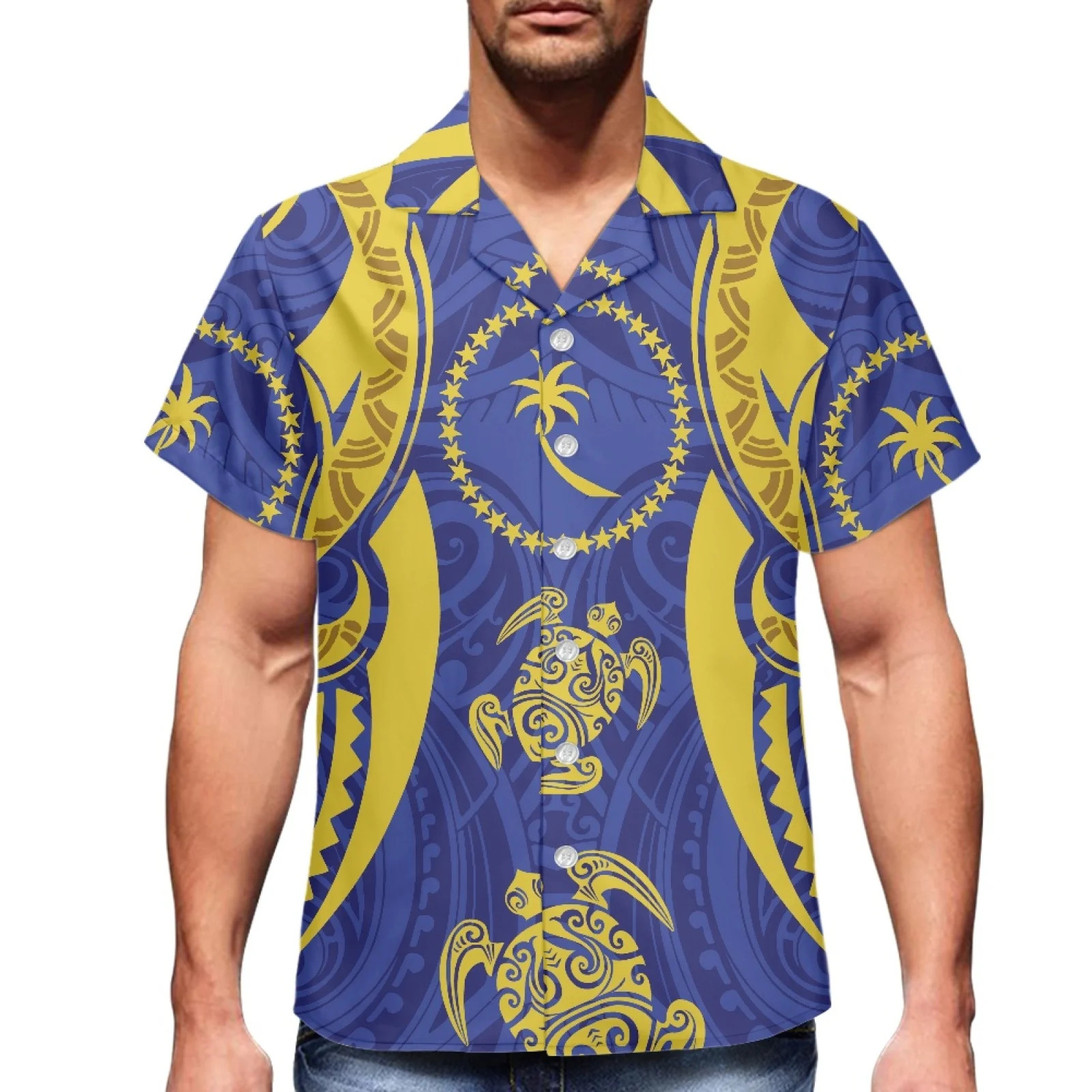 

Kosley Polynesian Tribe Traditional Print 2023 Summer Fake Luxury Men's Shirt V-Neck Men's Short Sleeve Hawaiian Sport Shirt