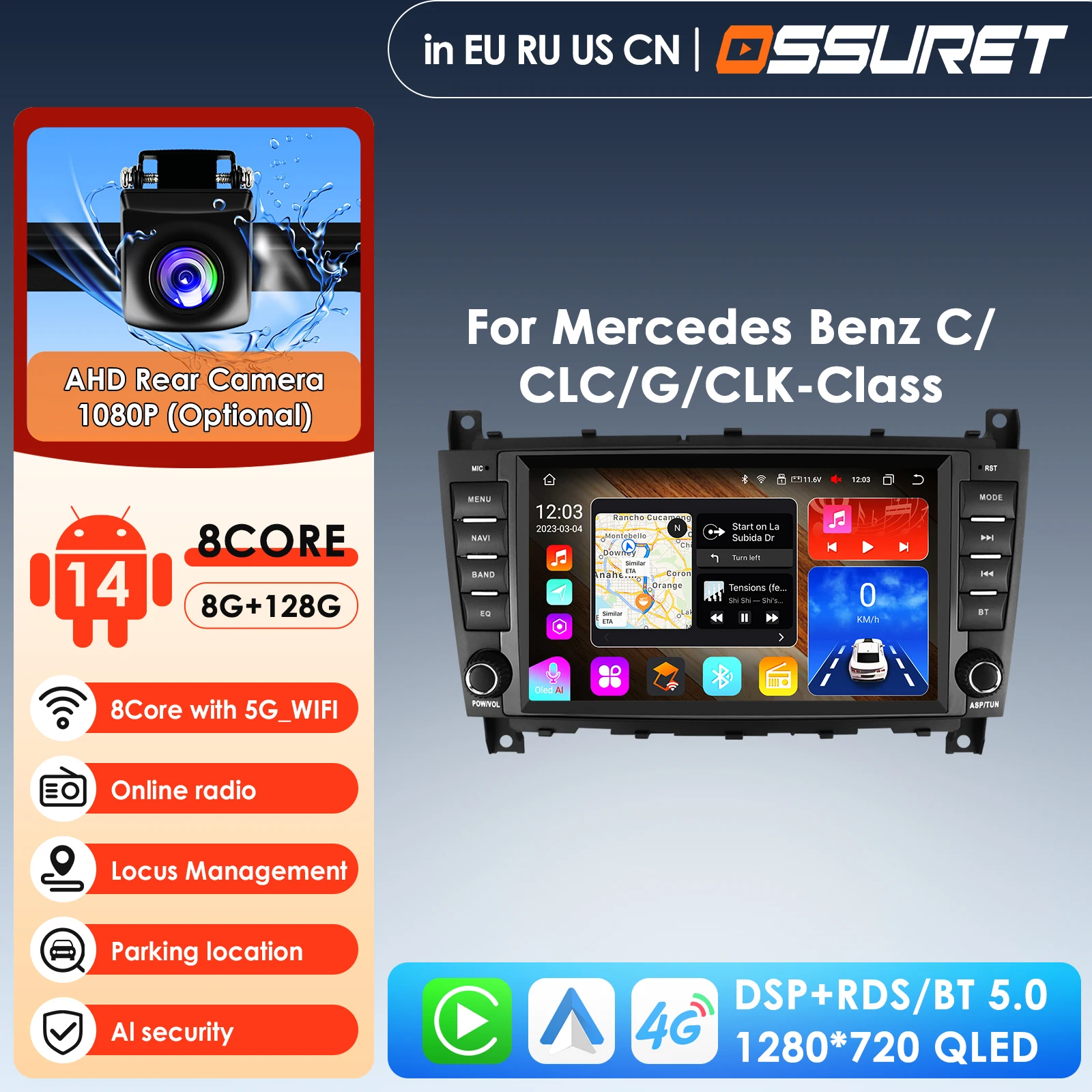 

4G-LTE Android14 Автомобильный мультимедийный плеер Авторадио GPS для Mercedes Benz C-Class W203/CLC W203 CLK W209 Радио Навигация Стерео BT