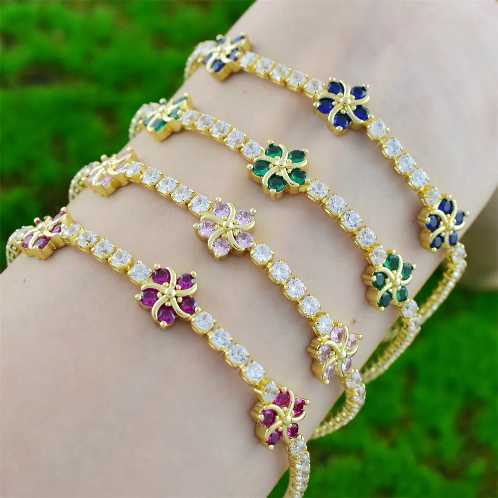 New INS Rainbow CZ Fiveleaf Flower Zircon Bracelet Ladies Zou Chrysanthemum Adjustable Versatile Full Zirconium Bracelet Jewelry