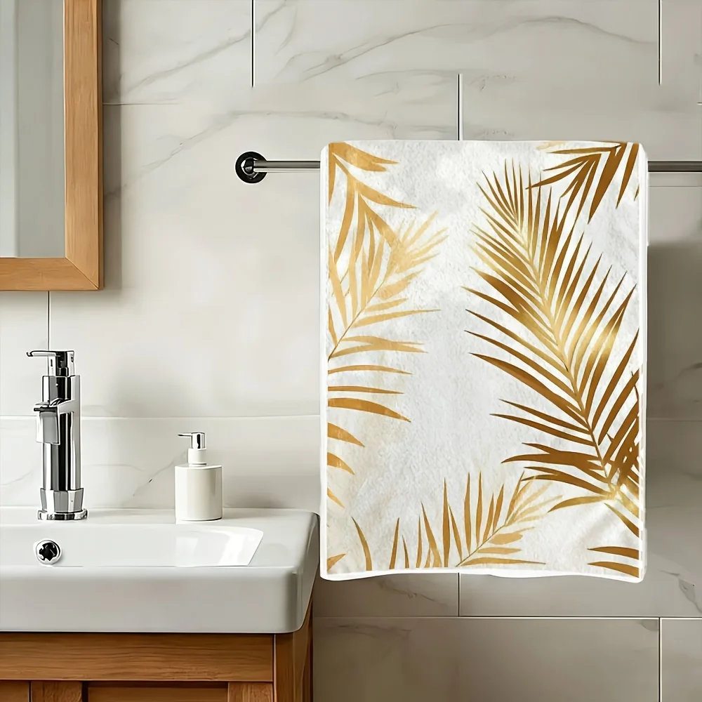 1pc Gold Palm Leaf Printed Kitchen Towel, Soft Absorbent Hand Towel, Perfect for Bathroom, Home, Tropical Decor, Guest Room