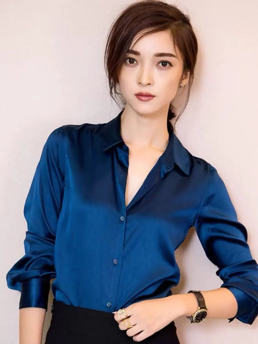 

Женская рубашка из атласного шелка с длинными рукавами, из шелковой ткани, удобная для повседневной носки.