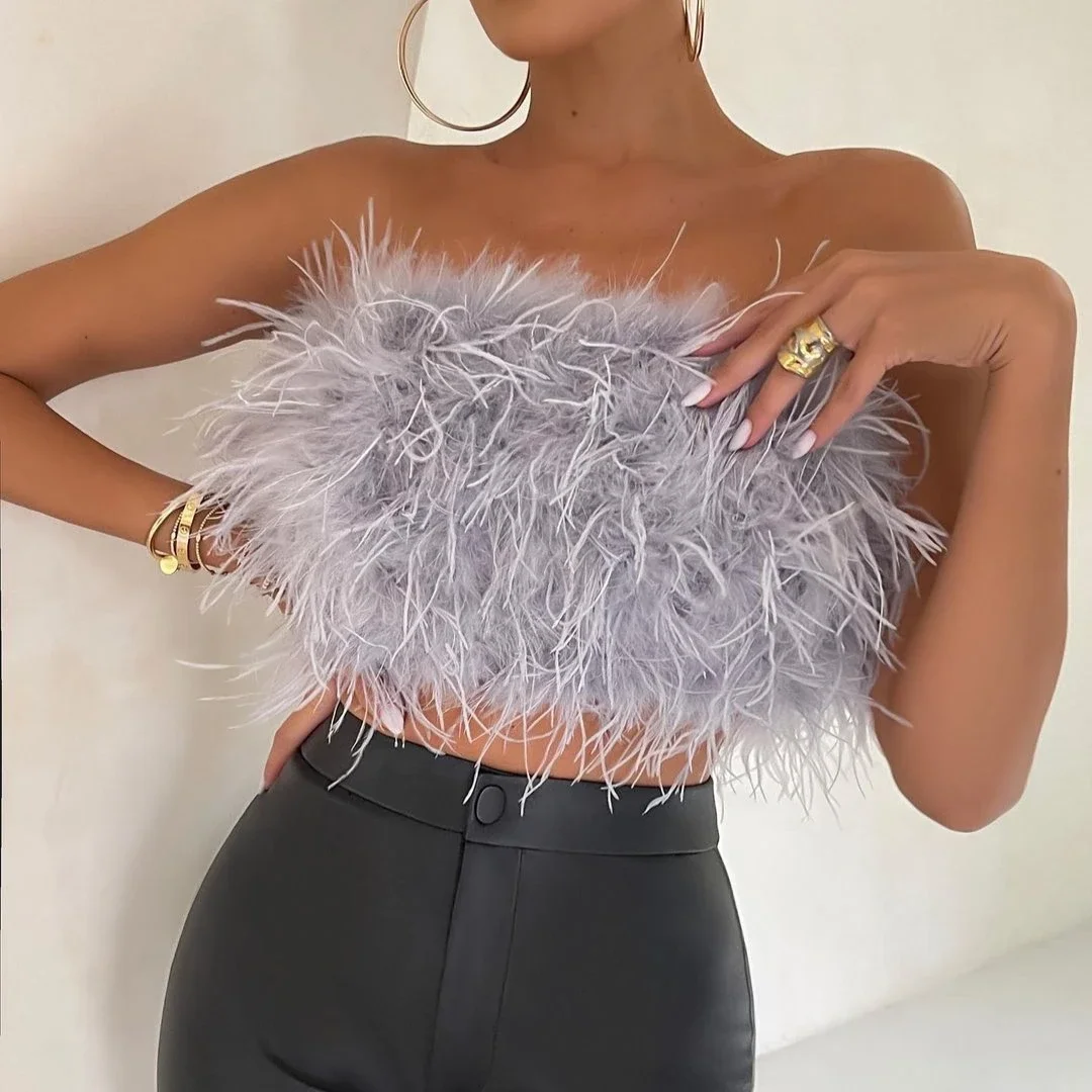 Faux Fur Plush Tube Top Warm Crop Sleeveless Backless Crop Tops Fluffy Strapless Stitching Tank Top Night Party