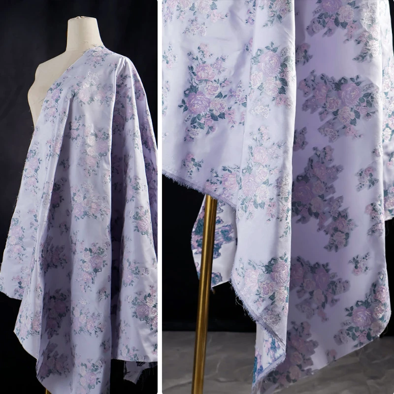 

Spring and Summer Non Elastic Stiff Micro Silhouette Purple Rose Flower Jacquard High-end Hanfu Dress Ancient Costume Fabric