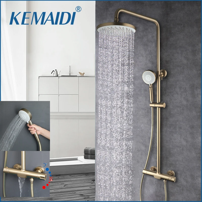 

KEMAIDI Brushed Gold Thermostatic Shower System with Tub Spout 3-Functional Exposed Shower Faucet Mixer Fixtures Wall Mounted