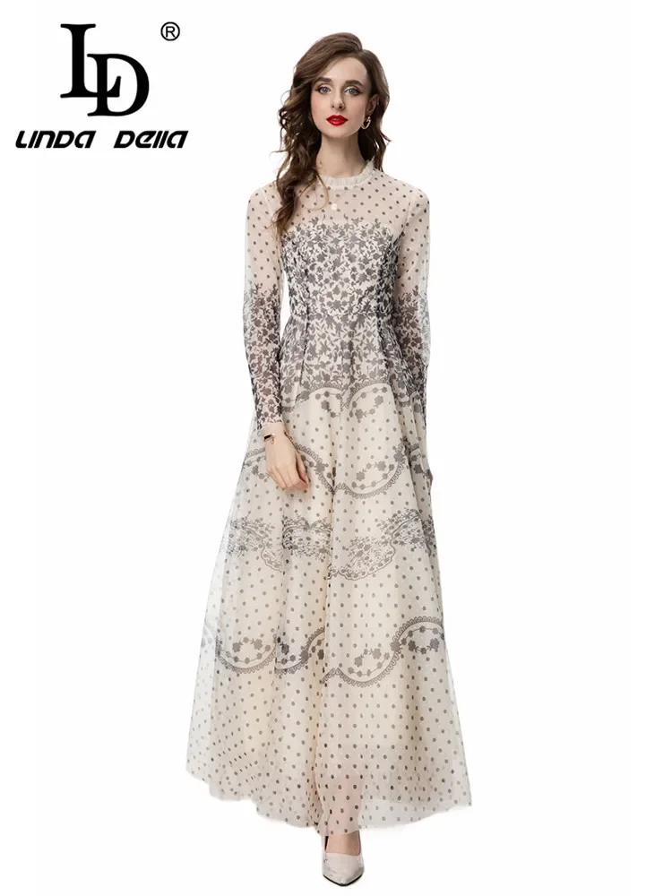 

LD LINDA DELLA Summer New Style Elegant Pretty Dress Women's Chiffon Temperament Floral Polka Dot Print Flounces Collar Dresses