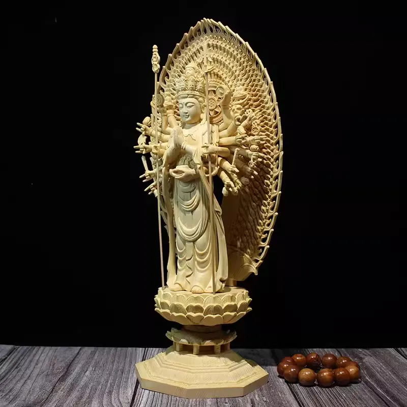 Thousand-Handed Guanyin in Natural Hinoki Wood - Sacred Avalokitesvara Carving of Supreme Compassion & Exceptional Craftsmanship