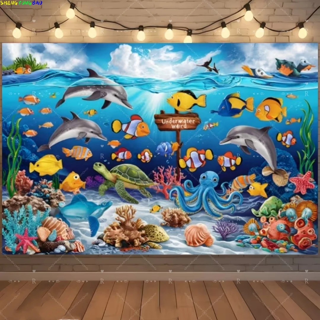 Cartoon Marine Animals Photography Background Birthday Party Decorations World Dolphin Whale Shark Photo Backdrops DT-01