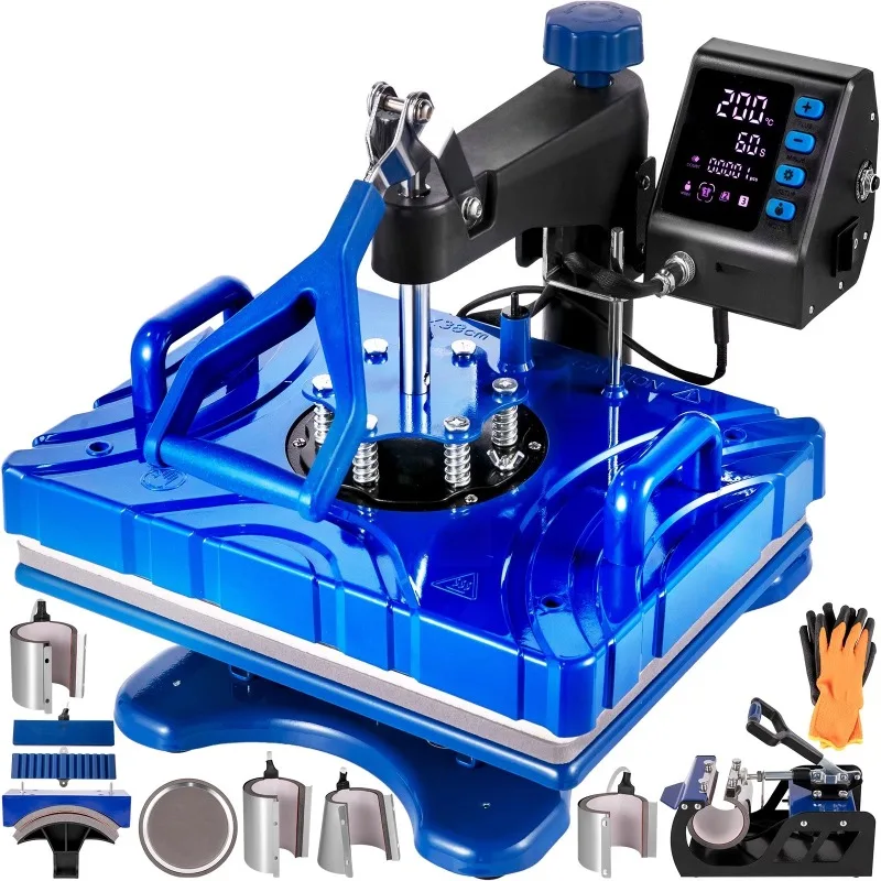 เครื่องปั๊มร้อน 10-in-1 สีน้ำเงิน เครื่องถ่ายโอนความร้อนสำหรับเสื้อผ้าและหมวก