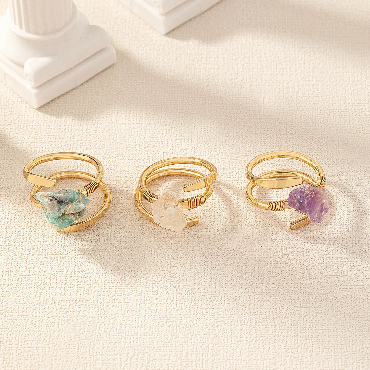 Bohemian Handmade 3 Pcs Natural Raw Stone Rings Set For Women