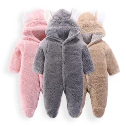 2024 Baby Warm Hooded Bodysuit Boys Solid Color Fashion Crawling Clothes Autumn Winter New Girl Cute Casual Comfortable Jumpsuit