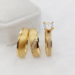 Conjuntos de anillos de compromiso de boda para hombres y mujeres, Alianza de amantes, joyería chapada en oro de 24k, Ringe para parejas, 3 piezas