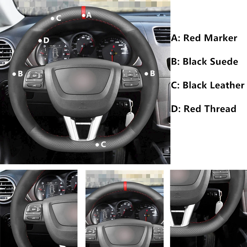 Black Suede Car Steering Wheel Cover for Seat Leon (FR|CUPRA) MK2 1P 2009 2010 2011-2012 Toledo 2012-2014 Alhambra 2010-2015