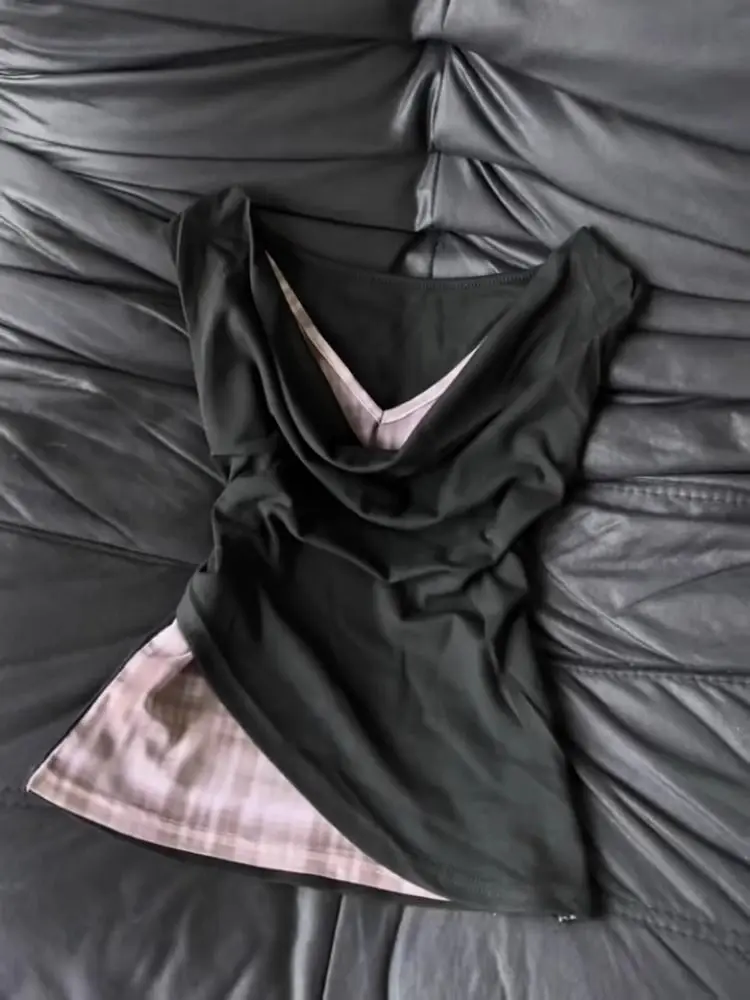 

Y2K Harajuku style spicy girl irregular camisole vest American retro fake two piece checkered slim fit women's tops Millennium