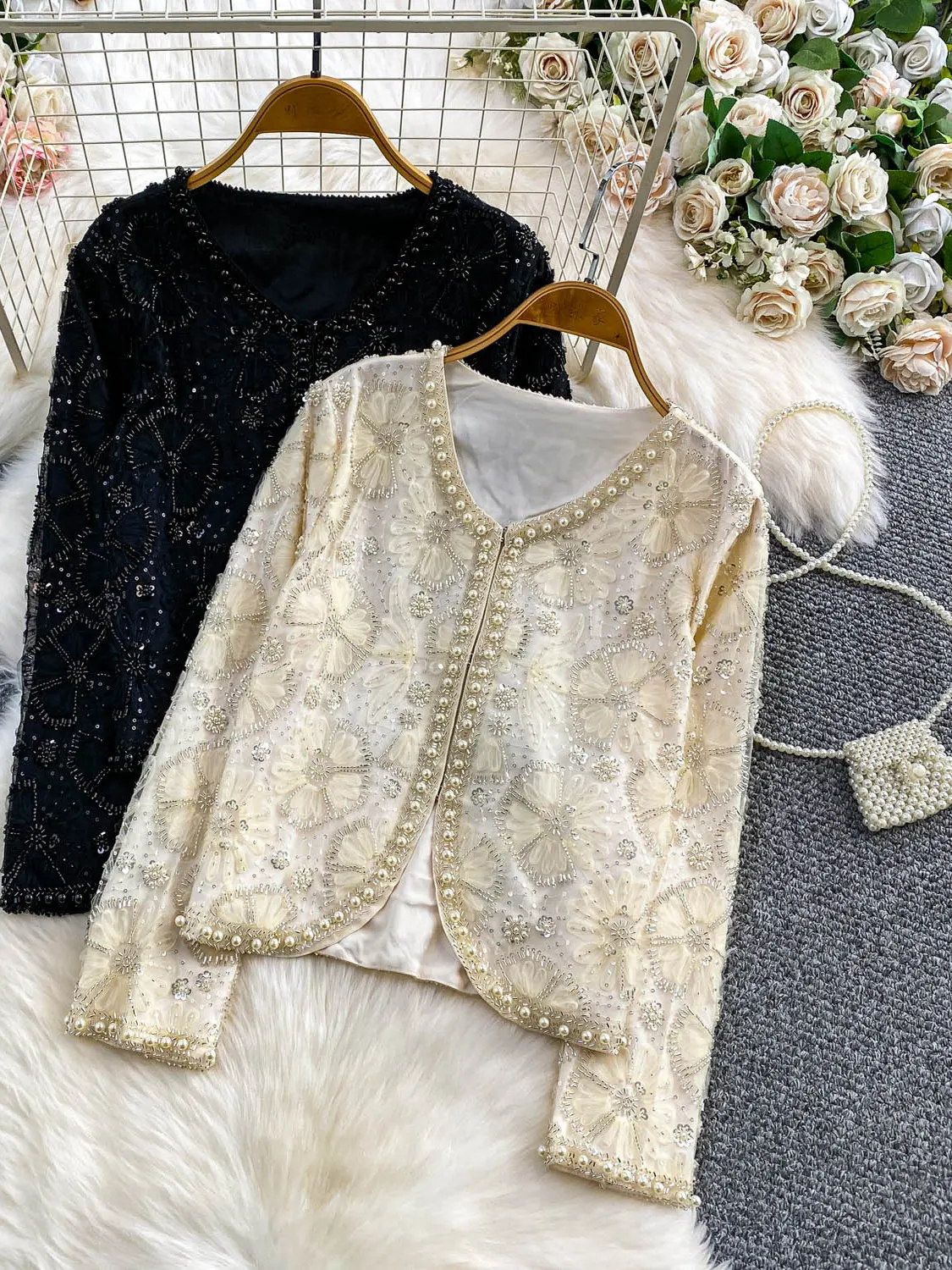 

Ele European Sle Sequin Embellied Netting Cardigan Women's Luxury Lightweight Age-defng Top Sweet Sle Loose Fit