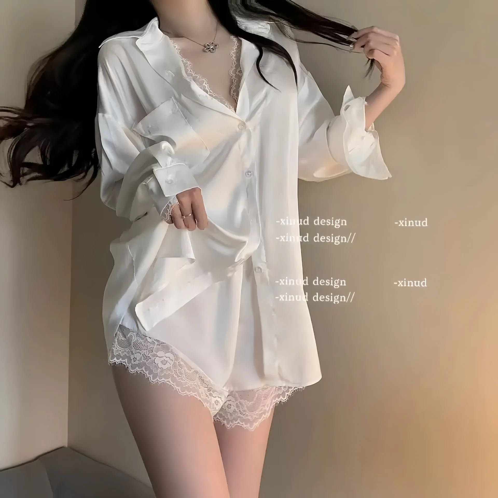 Camisa namorado seda gelo sexy pijamas tamanho grande pura luxúria renda cetim falso dois pijamas loungewear