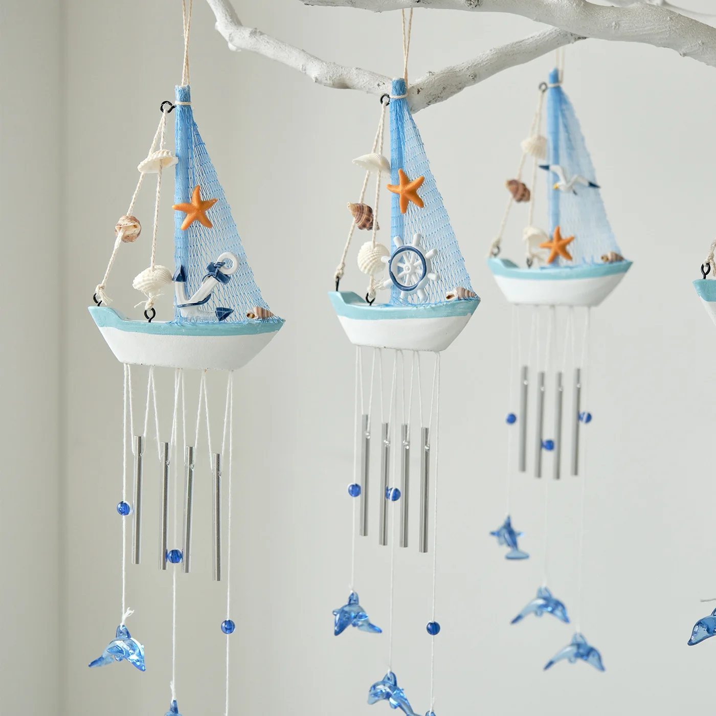 Mediterranean Style Wind Chime Wooden Sailboat Hanging Decor Creative Handmade Home