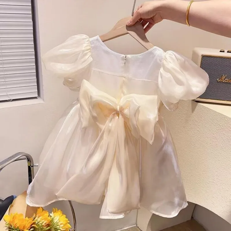Girls' Summer Princess Dress New Fashionable and Stylish Children's Bow Bubble Sleeve Birthday Dress