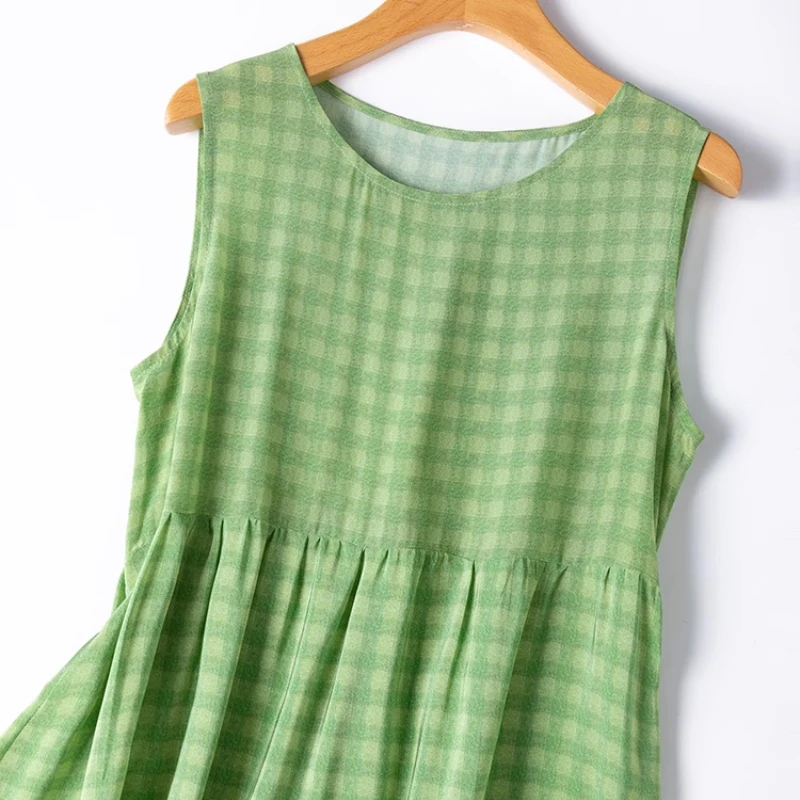 Birdtree 100% vestido de seda amoreira feminino, gola redonda solta crepe duplo sem mangas grade em camadas vestidos maxi verdes, verão 2025 d55610jf