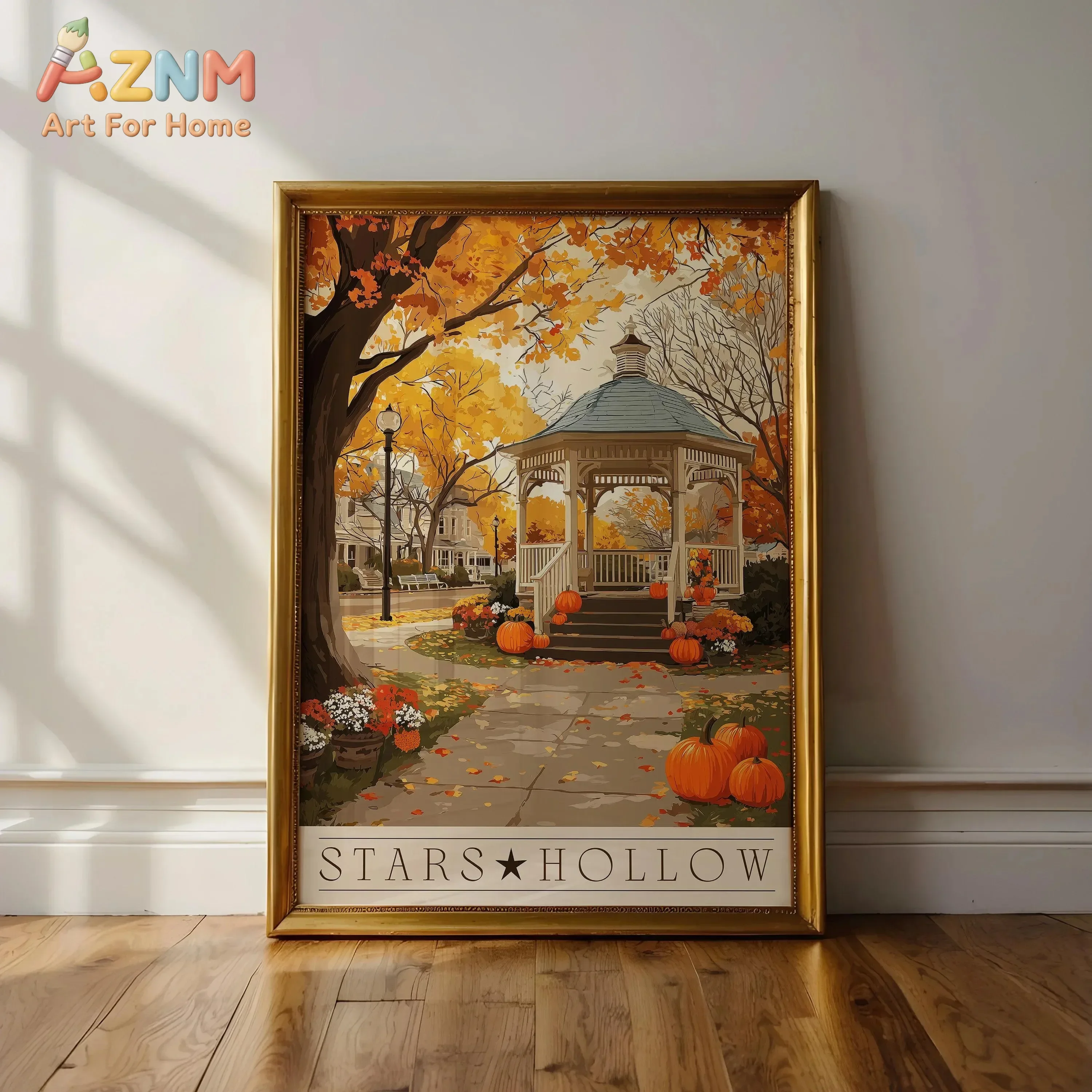 AZNM Frameless Canvas Wall Art, Stars Hollow Gazebo Four Seasons Autumn Pumpkin Winter Snow Spring Floral Print Poster, Retro To