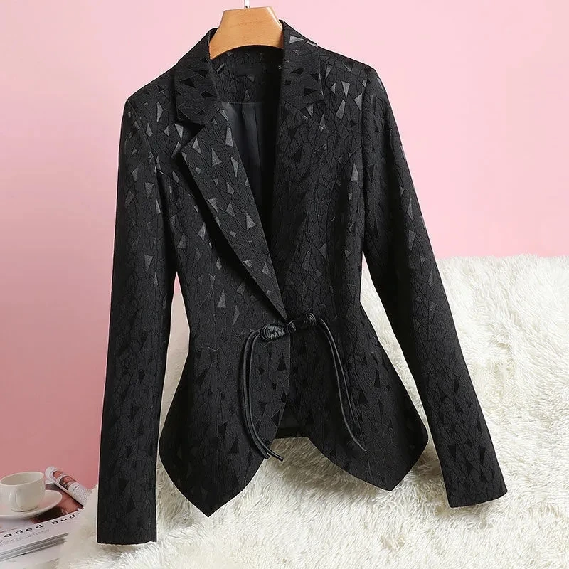 White Women Suit Coat Female Spring And Autumn 2024 New Ladies Slim Lace-up Outcoat  Fashion Age-reducing Lady Small Suit Coats