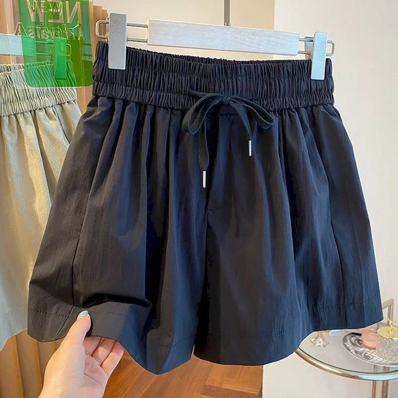 Solidne szorty dla kobiet Sznurowane elastyczne spodnie Casualowe szybkoschnące Harajuku Vintage Luźne koreańskie spodnie z szerokimi nogawkami