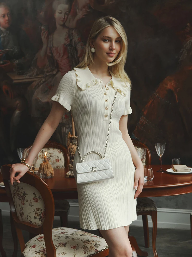 New Ruffle Knitted Mini Dress for Women Slim Fit 2025 Summer Short Sleeve Dress Elegant High Waist Bodycon Retro Female Dress