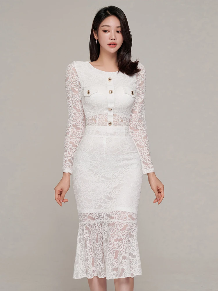 ملابس حريمي 2 قطعة الزي أنيقة السيدات الأبيض الدانتيل بلوزات مستديرة العنق قميص بلوزة وارتفاع الخصر ميدي ذيل السمكة تنورة Mujer مجموعة جديدة