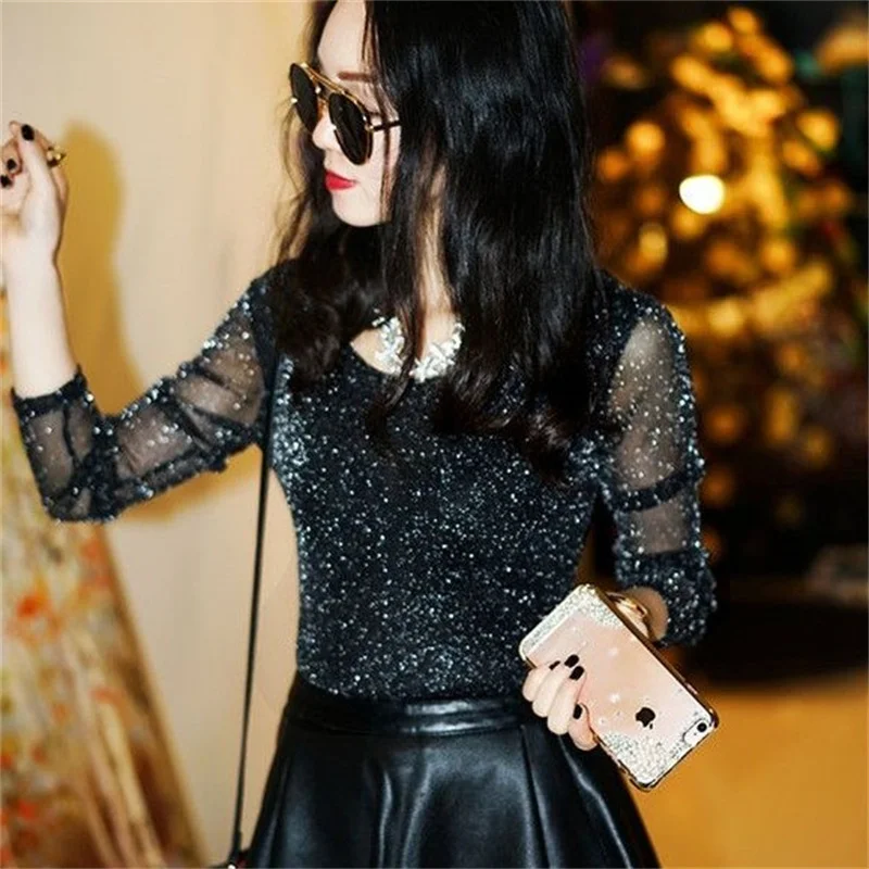 Spring Summer Women\'s Sexy See Through Mesh Blouse Long Sleeve Transparent Shining Elegant Shirt Fashion Women Tops DF2417