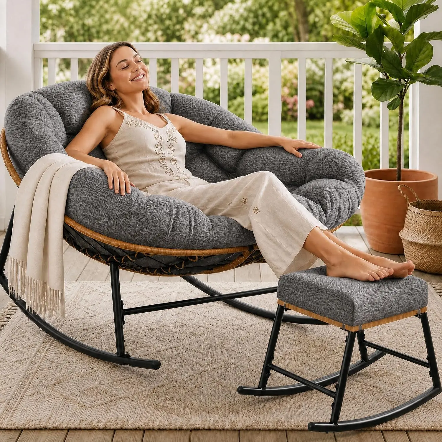 Oversized Papasan Rocking Chair & Ottoman Indoor Outdoor Wicker Rocker Thick Cushion Patio Lawn Bedroom, Customized