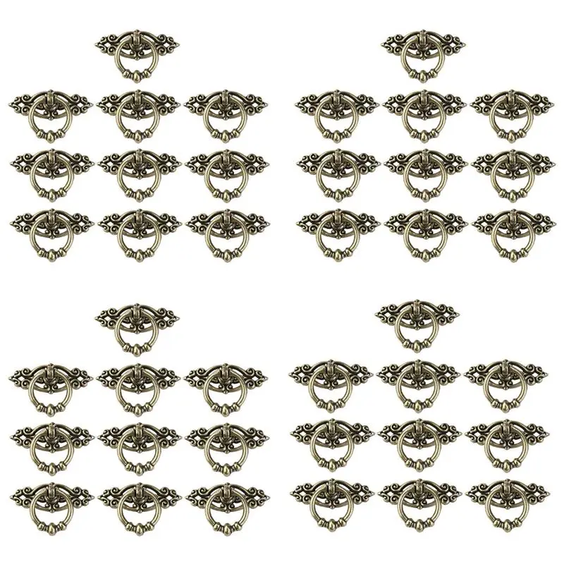 40Pcs Vintage Kitchen Cabinet Cupboard Dresser Door Drawer Ring Pull Handles Knobs (Antique Brass)