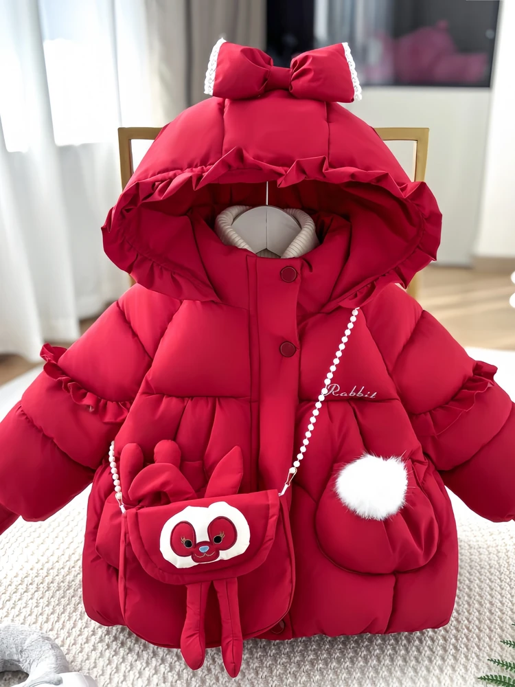 

Зимняя хлопковая куртка для девочек 2025: Новая милая утепленная универсальная хлопковая куртка с капюшоном и узлом для маленьких девочек