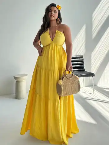 Plus Size Yellow Chiffon Halter Backless Tiered Maxi Dress For Vacation Beach Wedding Party