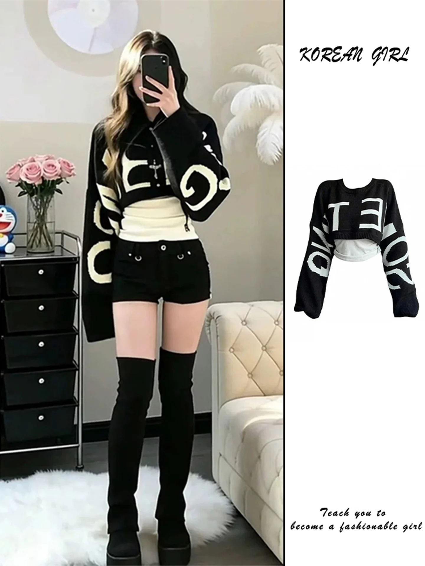 Retro Korean Black Batwing Sleeve Sweater Women's Short Knitted Top with Strap Inner Wear Two-Piece Set for Autumn Casual Wear