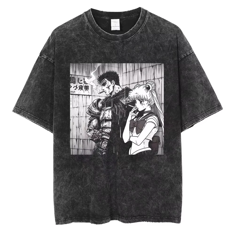 Camiseta Berserk Manga Guts Anime para Hombre y Mujer, Camiseta Vintage de Algodón Lavado, Ropa Casual de Verano, Camisetas de Manga Corta