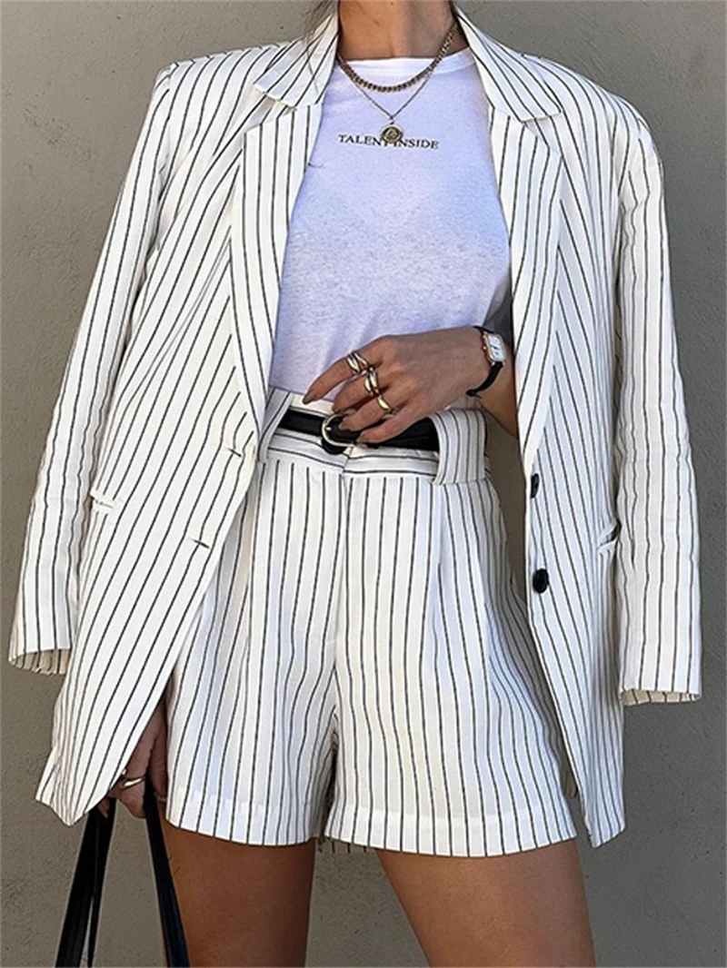 

Fashion 2 Piece Sets Women Outfit Summer Clothes Women 2024 Stripe Print Blazer Top and Shorts Sets Casual Blazer Suit Woman Set