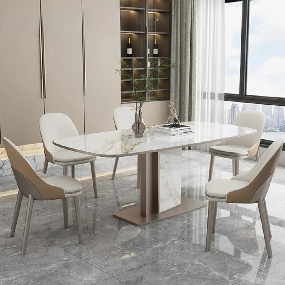 Light Luxury Glossy Rock Slab Dining Table Modern Minimalist Rectangular Creative Dining Table And Chairs Set Mesa Furniture