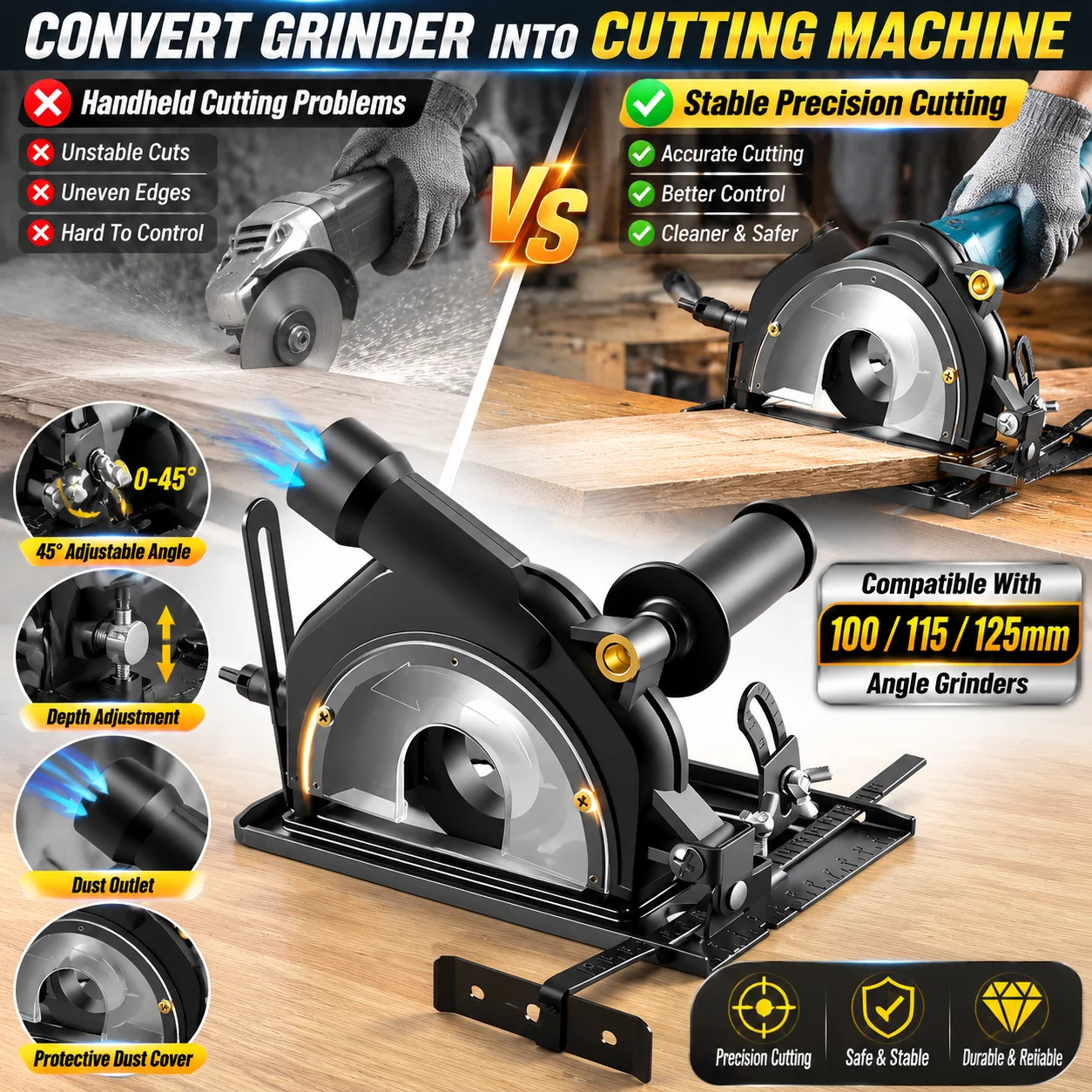 Angle Grinder Stand Holder 100-125mm Cutting Guide Base with Dust Cover Adjustable Depth Angle for Wood Metal Cutting DIY