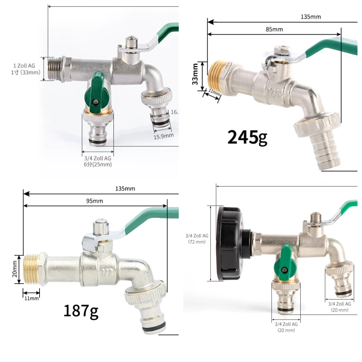 Garden 1/2'' 3/4'' Brass Water Faucet Water Splitter 1-Way 2-Way Connector Coupling Adapter Valve Switch Irrigation Tap Replace