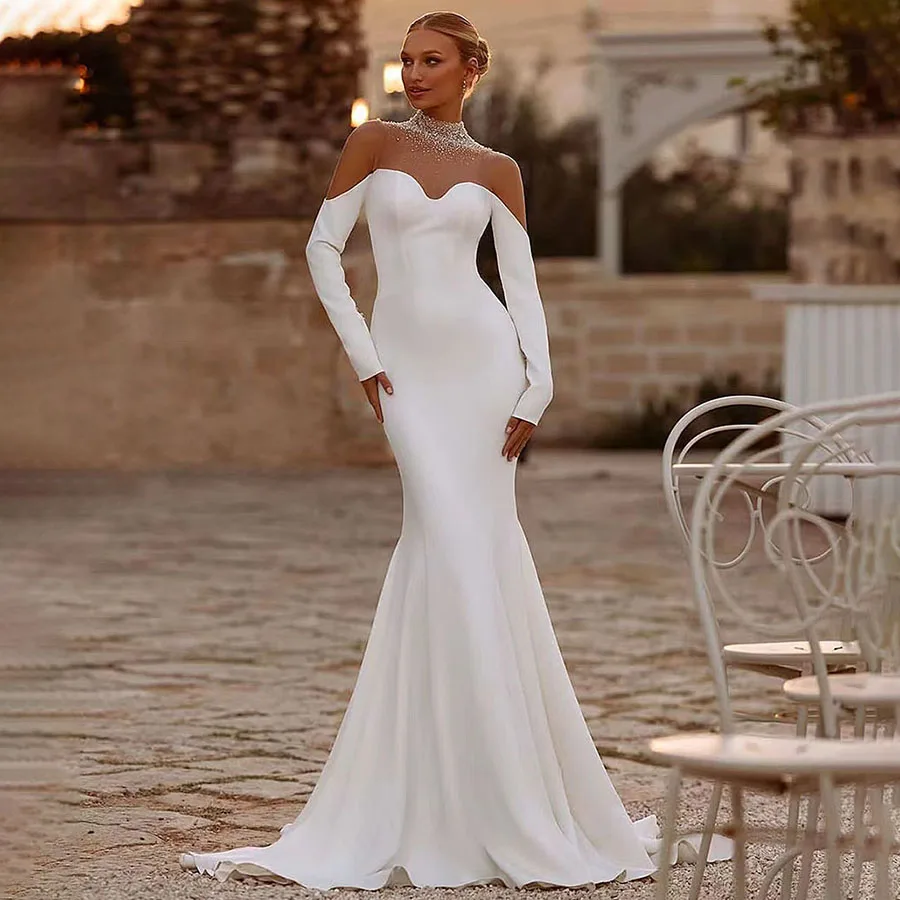 Nuovi abiti da sposa classici a sirena abiti da sposa con scollo a v in rilievo con scollo a v Sexy Zipper Back Sweep Train abito da sposa 2024