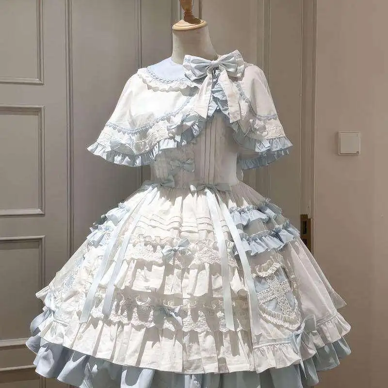 

Lolita Heart Shaped Cloak JSK Dress Blue White Doll Style Korean Commute High Waist Polyester Fiber Casual All Seasons
