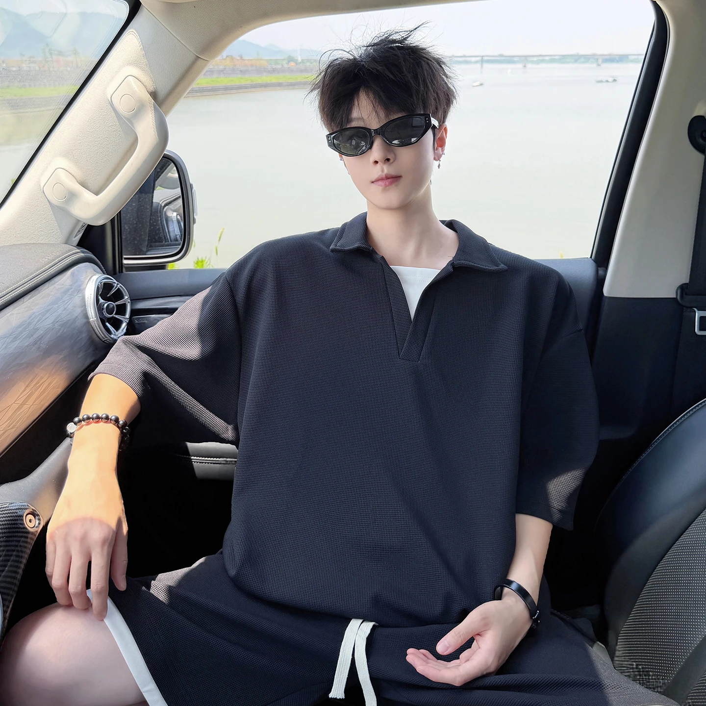 Summer New Style Men's Two-Piece V-Neck Short-Sleeved T-Shirt with Collar and Half Sleeve- Loose Fit